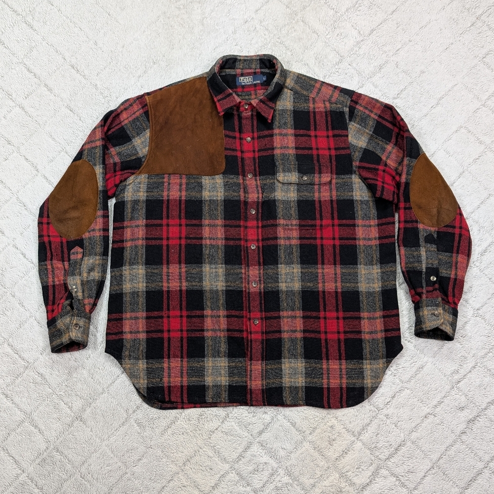 Polo Ralph Lauren Shirt Mens L Black Red Plaid Wool Hunting Shooting Leather